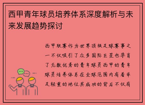 西甲青年球员培养体系深度解析与未来发展趋势探讨