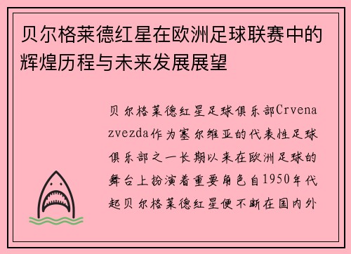 贝尔格莱德红星在欧洲足球联赛中的辉煌历程与未来发展展望