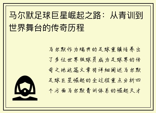 马尔默足球巨星崛起之路：从青训到世界舞台的传奇历程